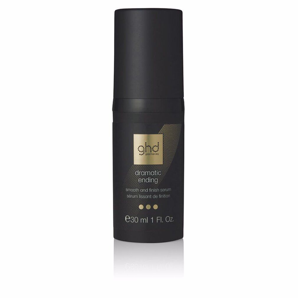 Flacon noir avec détails dorés. Inscription ghd dramatic ending smooth & finish serum. Avec pompe et bouchon. Contenance 30 ml.