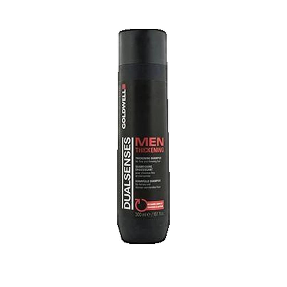 Flacon de shampooing noir avec texte rouge et blanc. Goldwell, Men, DUALSENSES.