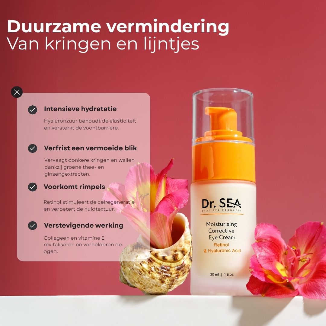 Productflesje met tekst en illustraties. Tekst: Dr. SEA, Moisturising Corrective Eye Cream, Retinol & Hyaluronzuur. Met bloemen.