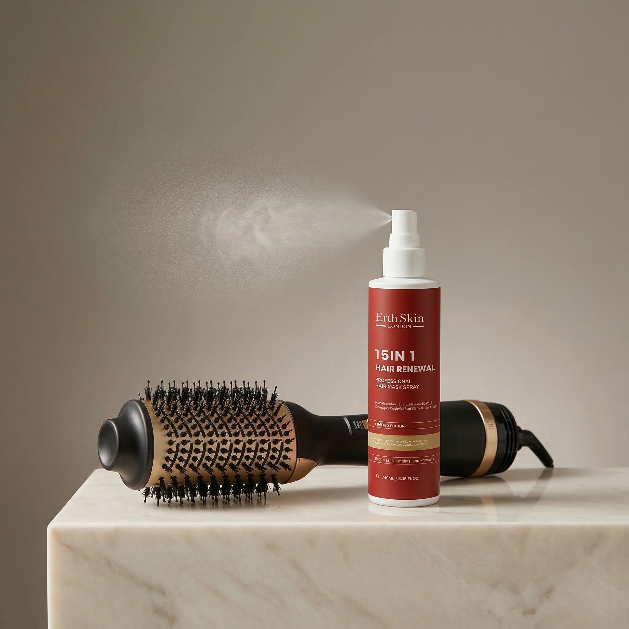 Föhnborstel en haar spray op marmeren oppervlak.