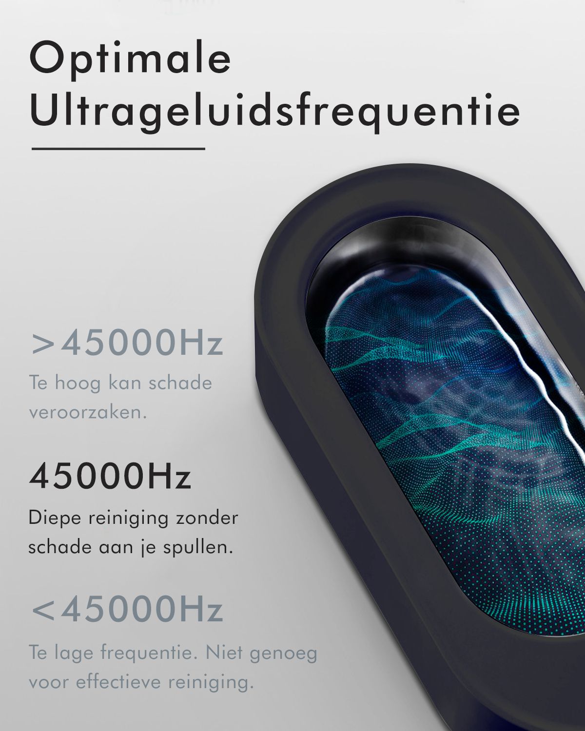 Close-up van het apparaat. Tekst: Optimale Ultrageluidfrequentie. Diagram met frequentie-indicaties. Zwart apparaat.