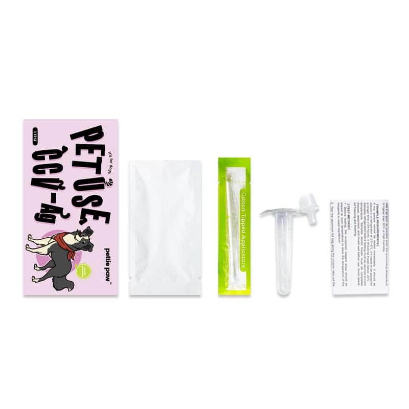 Contenu d'un kit de test rapide d'antigène pour chien : emballage, bandelette, tube, écouvillon.