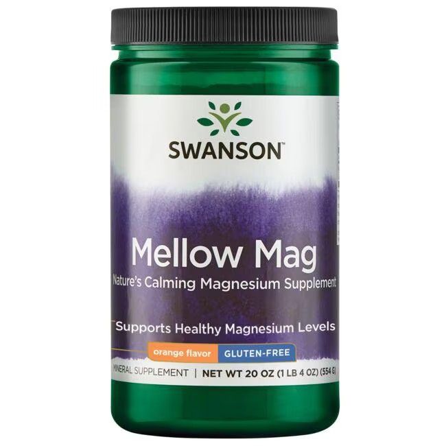 Pot vert avec couvercle noir. Inscription: SWANSON, Mellow Mag, saveur orange, sans gluten. Contenu: 20 oz (1 LB 4 OZ).