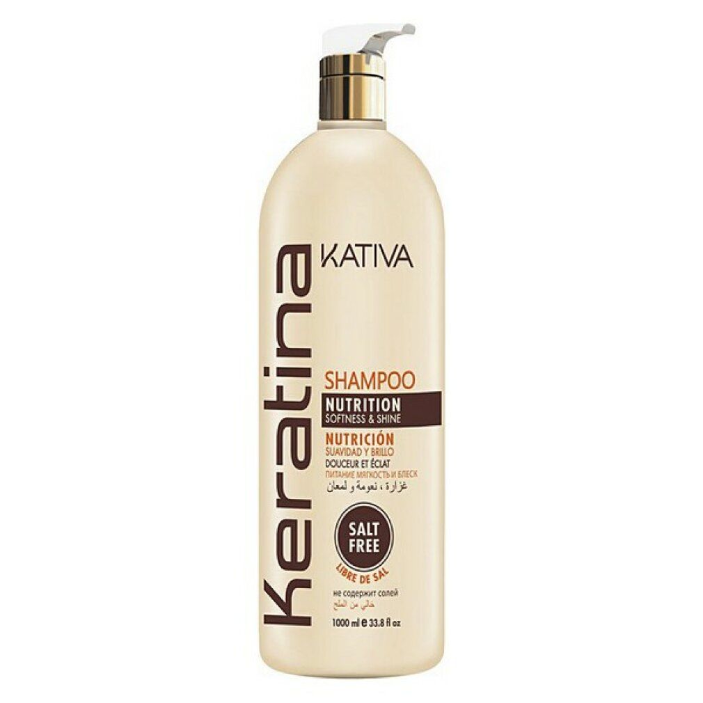 Beige shampoo fles met pomp. Opschrift: Kativa Keratina Shampoo, Nutrition, Softness & Shine. Zoutvrij.
