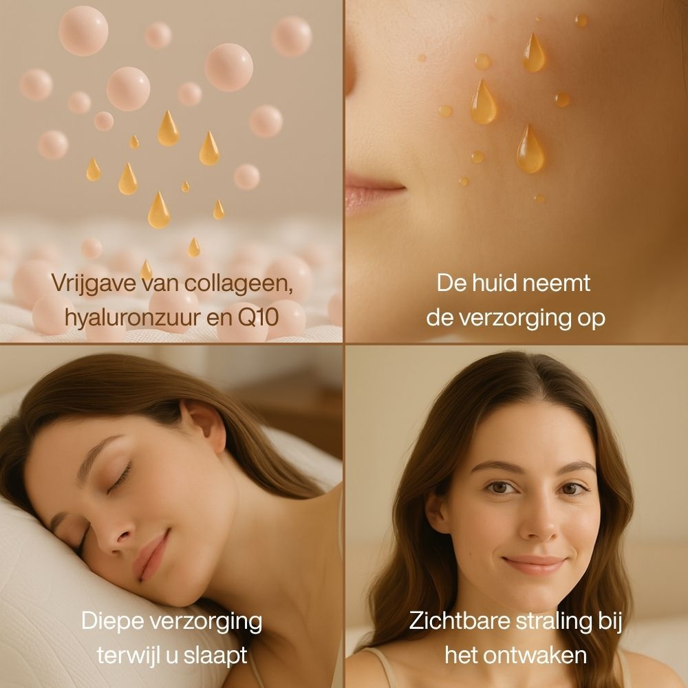 Collageen, hyaluronzuur, Q10. Huidverzorging. Diepe verzorging tijdens de slaap. Zichtbare glans bij het ontwaken.