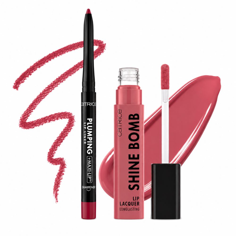 Catrice Lip Duo : Crayon à lèvres avec couleur appliquée, rouge à lèvres et échantillon de couleur.
