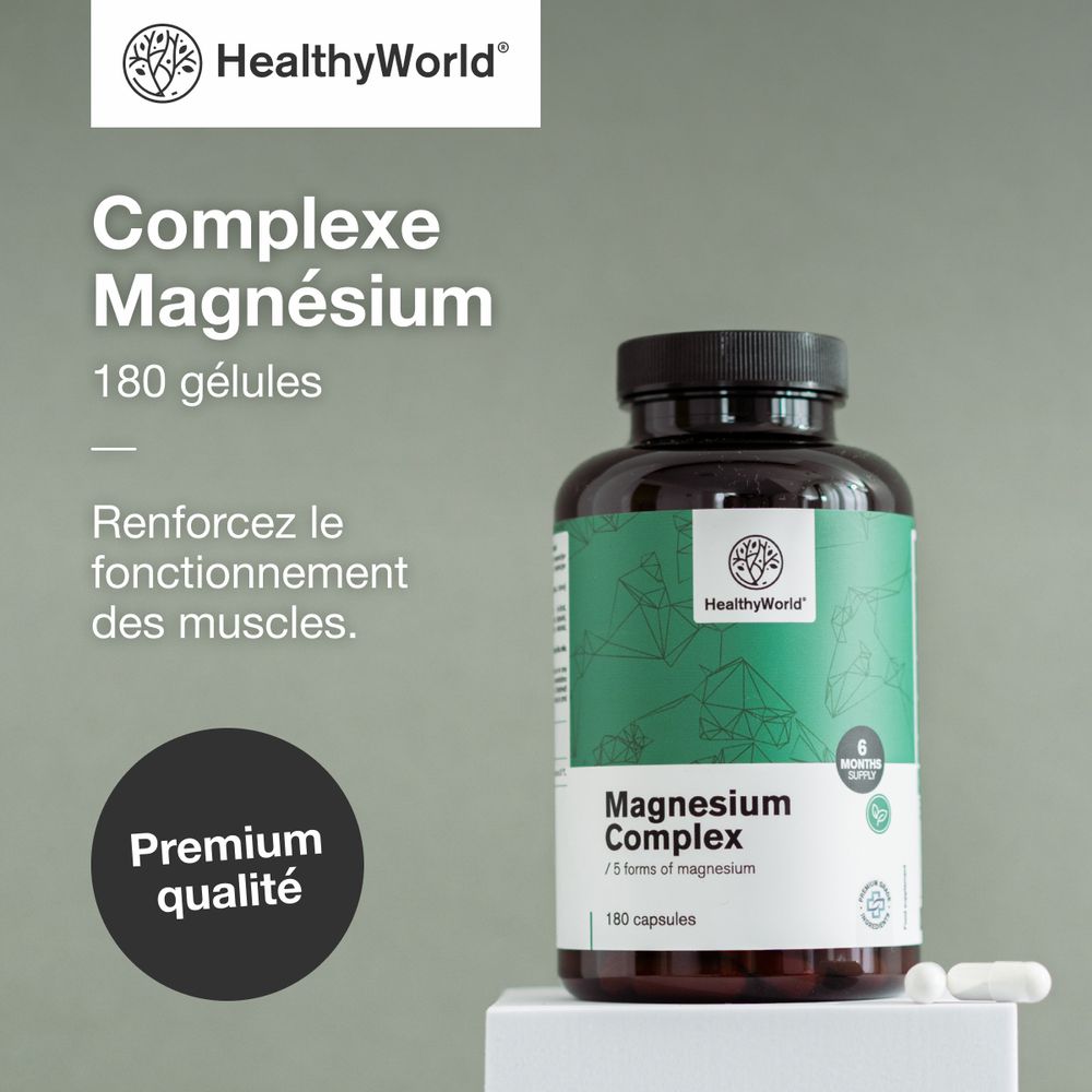 Dose de complexe de magnésium, 180 gélules, pour muscles et énergie.