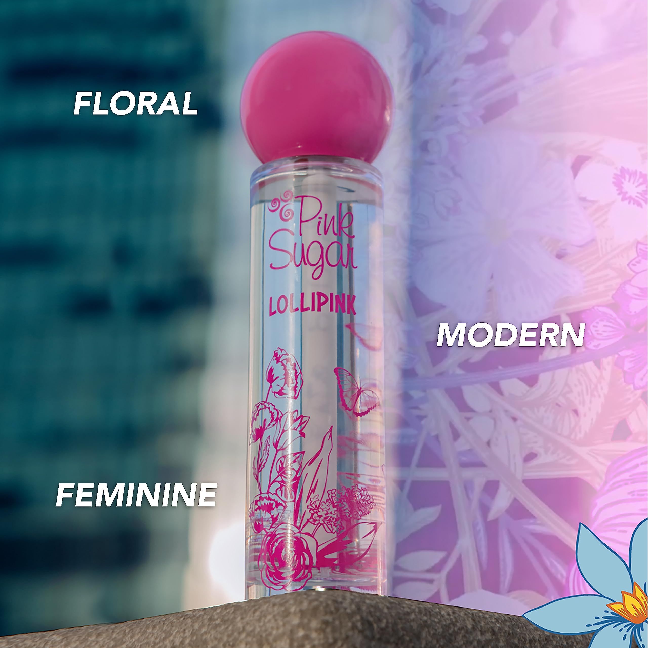 Parfumfles met roze dop. Opschrift "Pink Sugar Lollipink". Bloemenmotief op de fles. Woorden: Bloemig, Modern, Vrouwelijk.