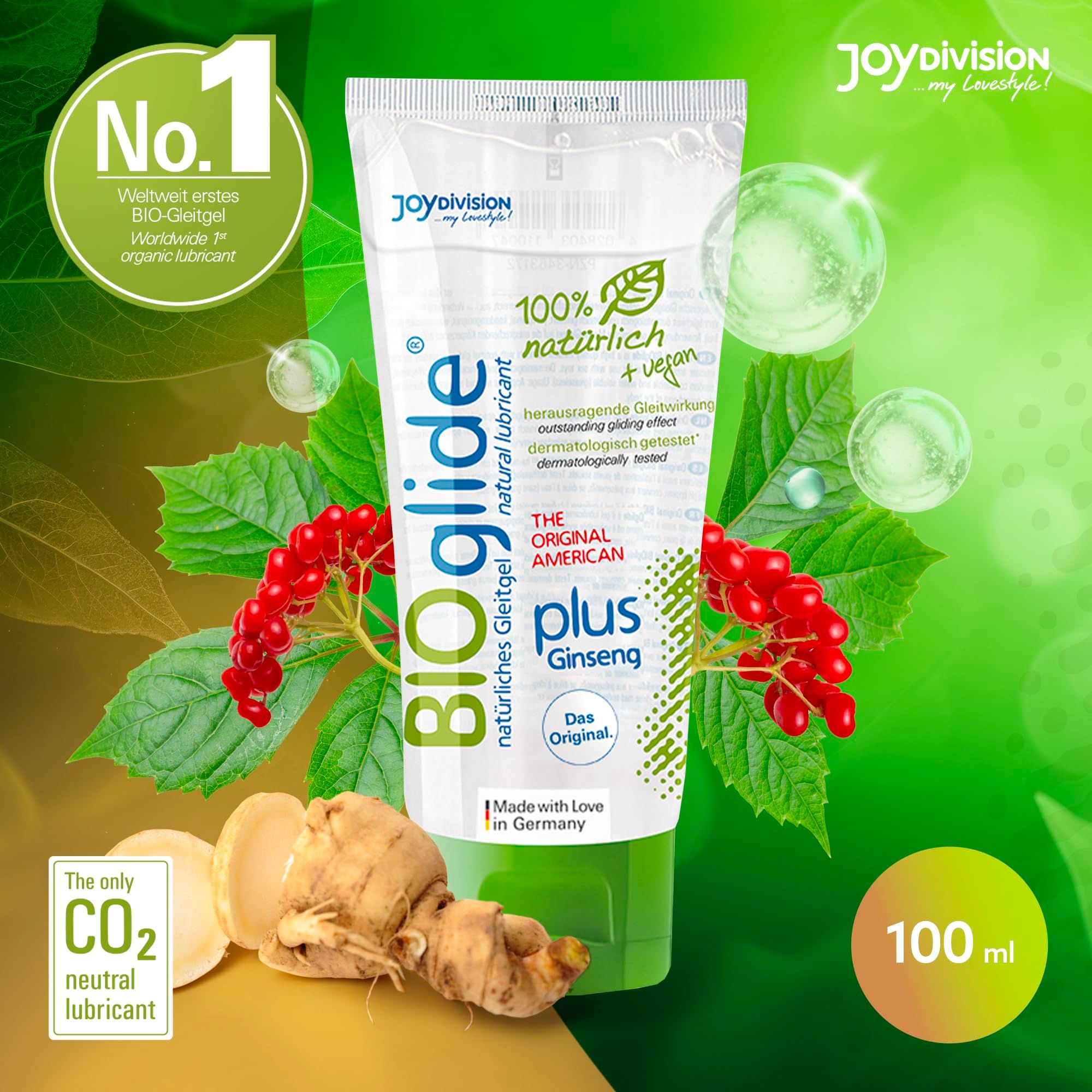 Tube Joydivision BIOglide plus Ginseng lubrifiant, 100ml. "N°1 mondial", neutre en CO2, naturel + vegan.