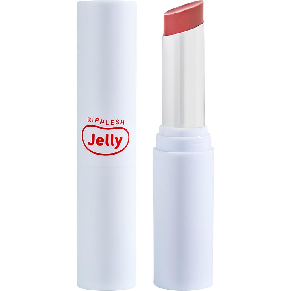 Bâton de baume à lèvres blanc avec logo Jelly rouge. Le bâton est ouvert et montre le baume.