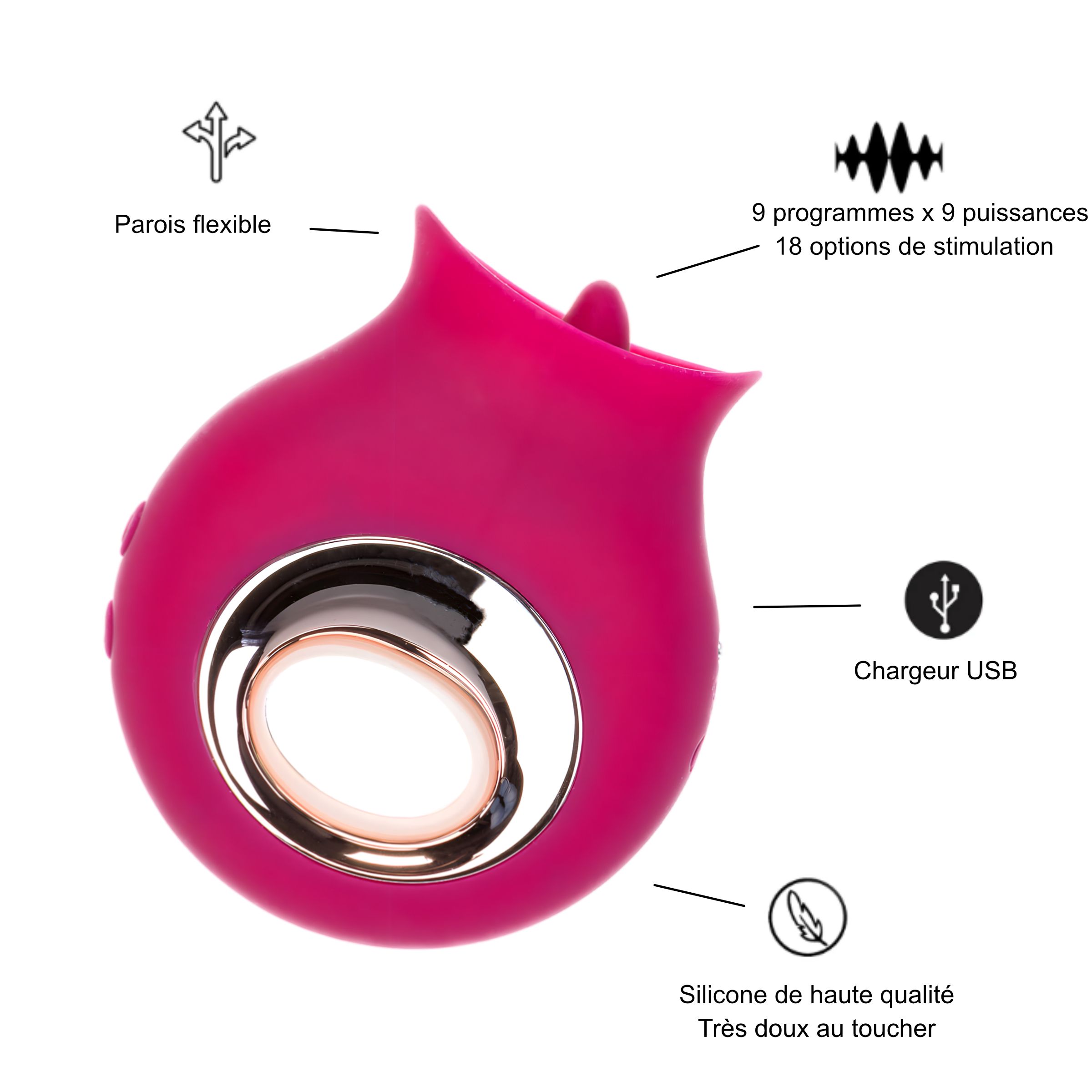 Vibrateur langue rose, 81 modes, chargement USB, en silicone.