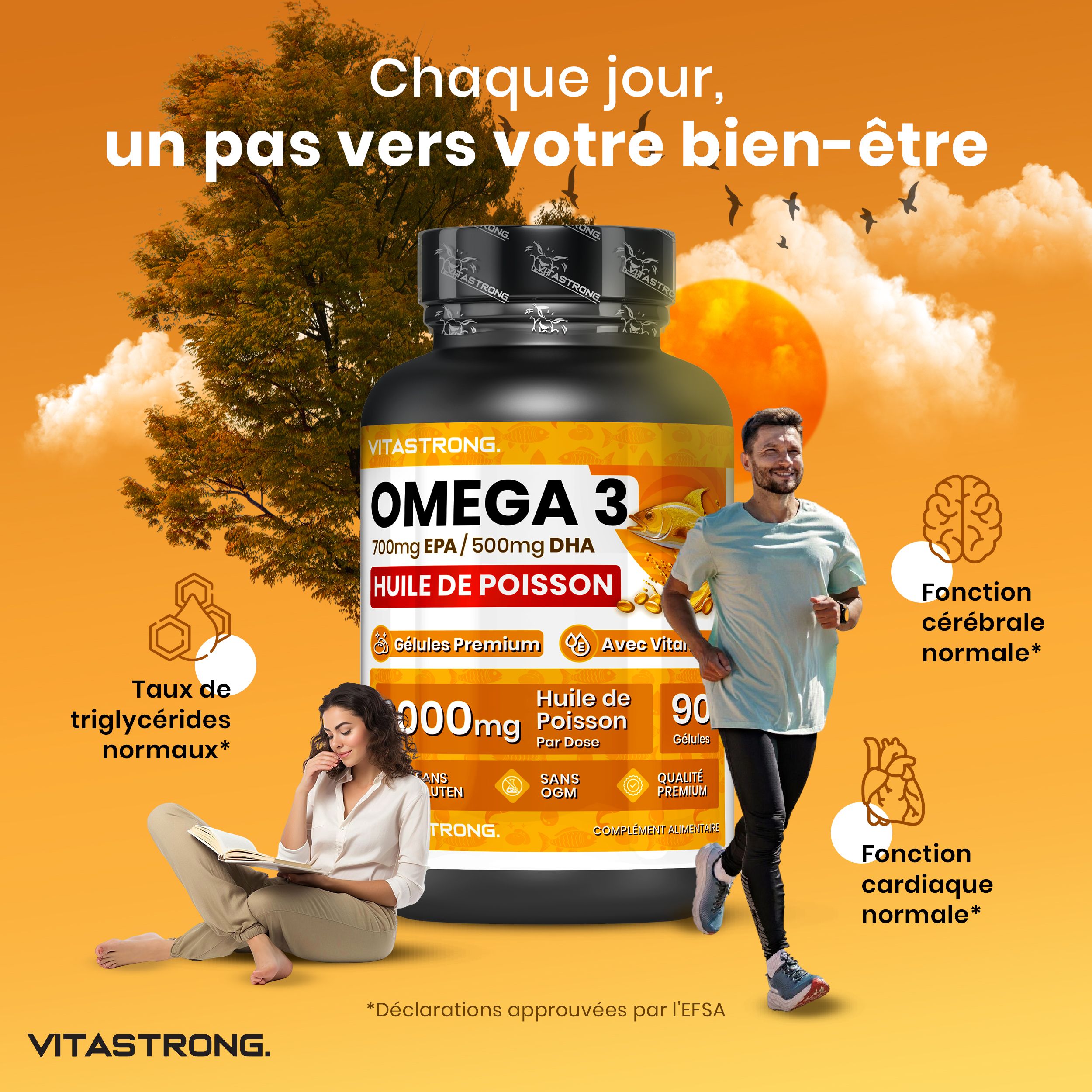 Zwarte fles Omega 3. Tekst: Vitastrong Omega 3, 90 capsules. Mensen op de achtergrond.