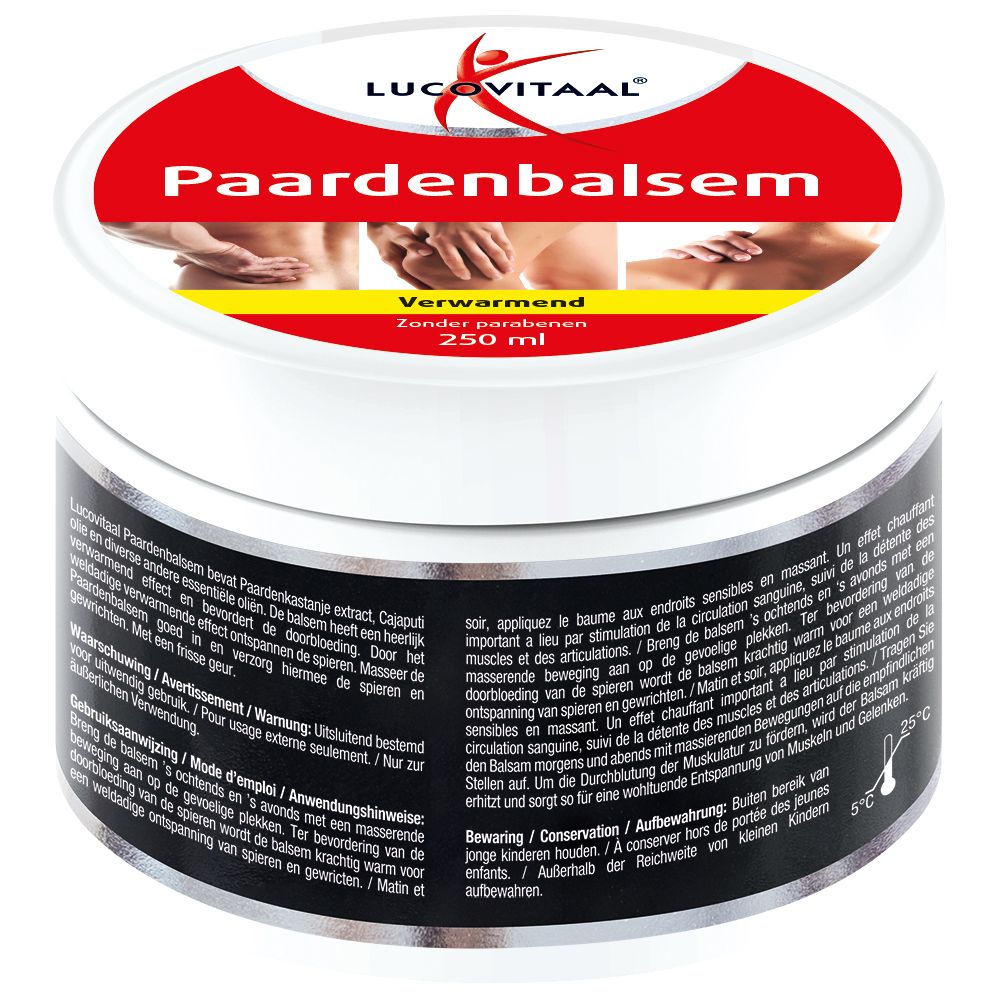 Pot de Paardenbalsem avec texte multilingue. Fond noir, texte blanc. Couvercle rouge avec illustration. 250 ml.