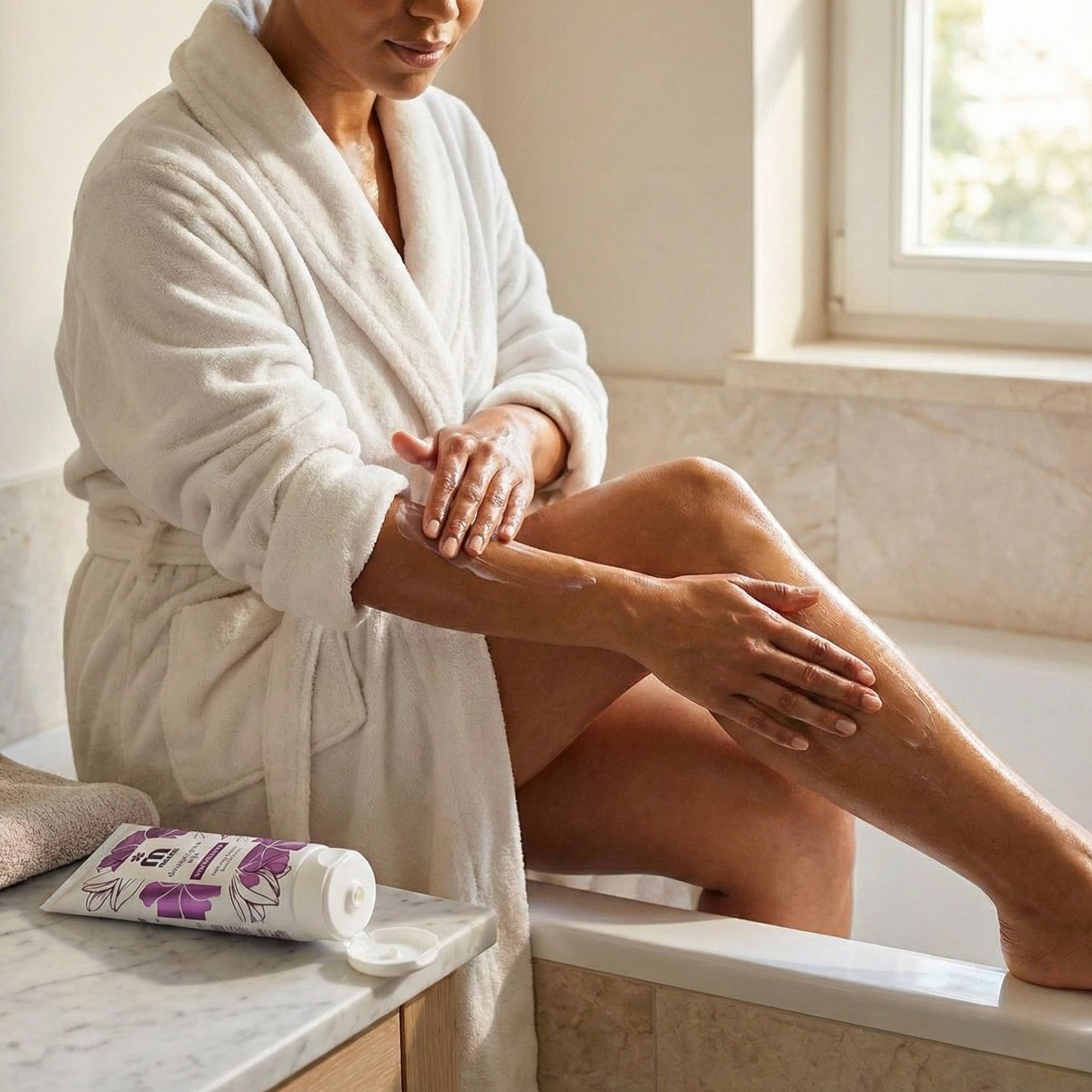 Vrouw in badjas brengt lotion aan. Witte tube met paars bloemmotief. Opschrift: Melem, dragocjena ulja, Nourishing body lotion.
