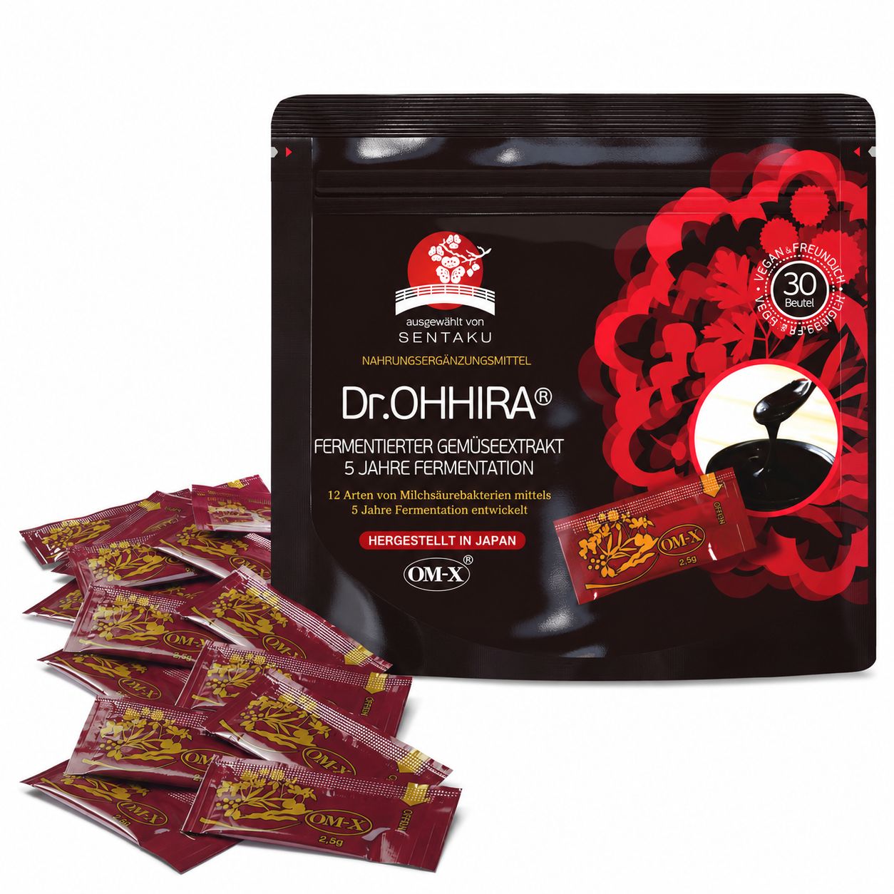 Sachet d'extrait de légumes fermenté Dr. OHHIRA avec 30 portions individuelles.