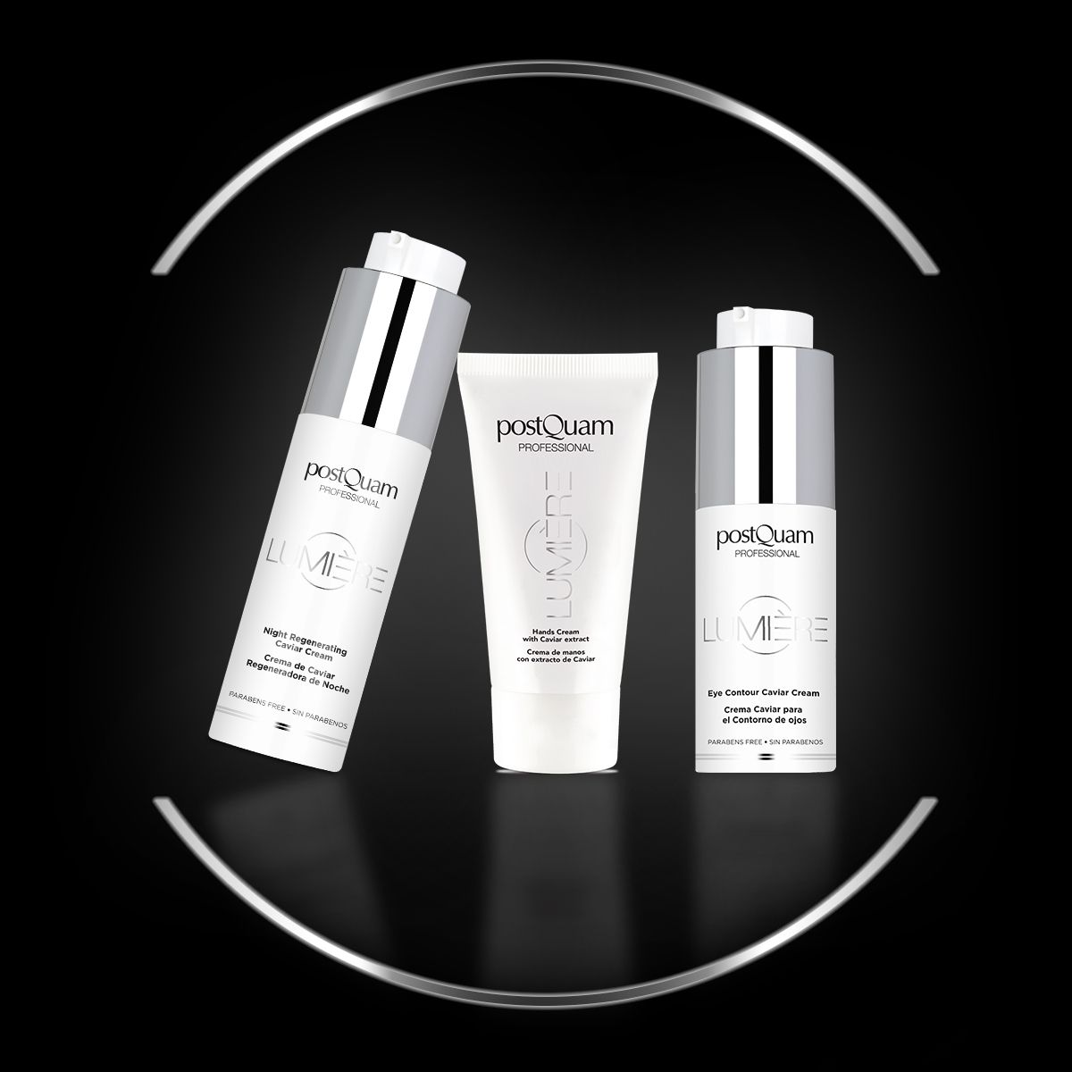 Trois produits sur fond noir. Flacons de crème et tube. Inscription : PostQuam, Lumière, Eye Contour Caviar Cream, Night Cream.