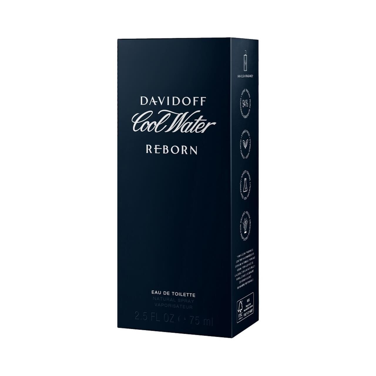 Davidoff Cool Water Reborn verpakking. Rechthoekige vorm, donkerblauw. Opschrift: Cool Water Reborn. Informatie over ingrediënten en certificeringen.