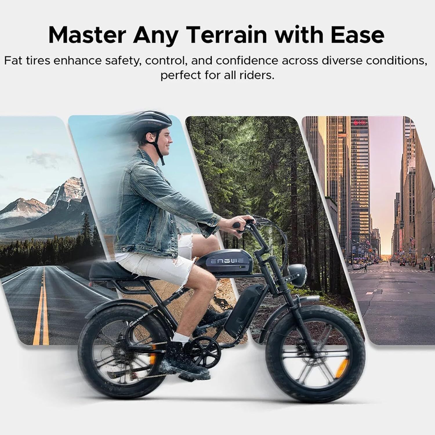 Vélo électrique noir avec cycliste. Texte : "Master Any Terrain with Ease". Arrière-plan : route, forêt, ville.