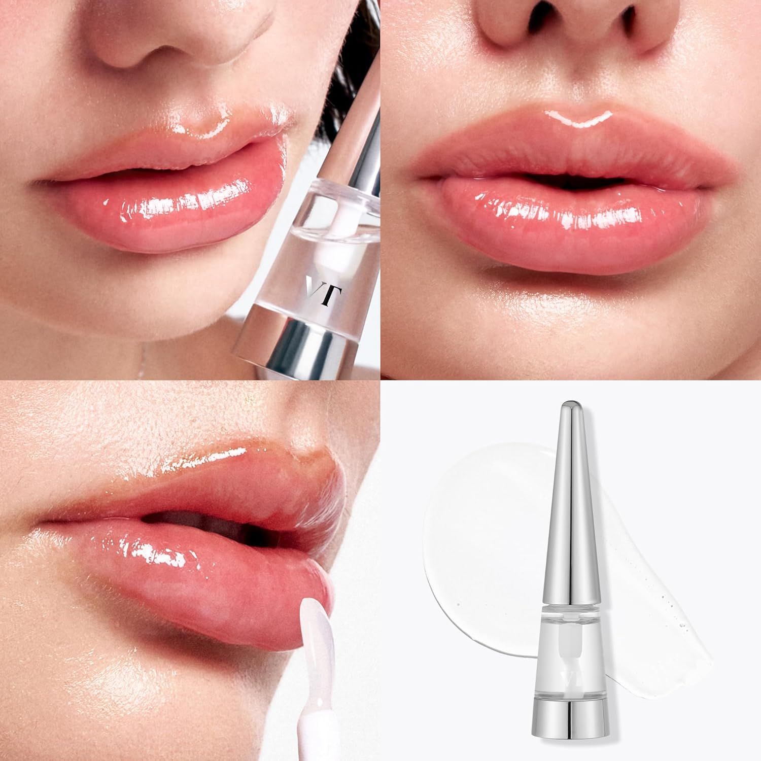 Verschillende afbeeldingen tonen lippen met en zonder lip-plumper. Product en applicator.