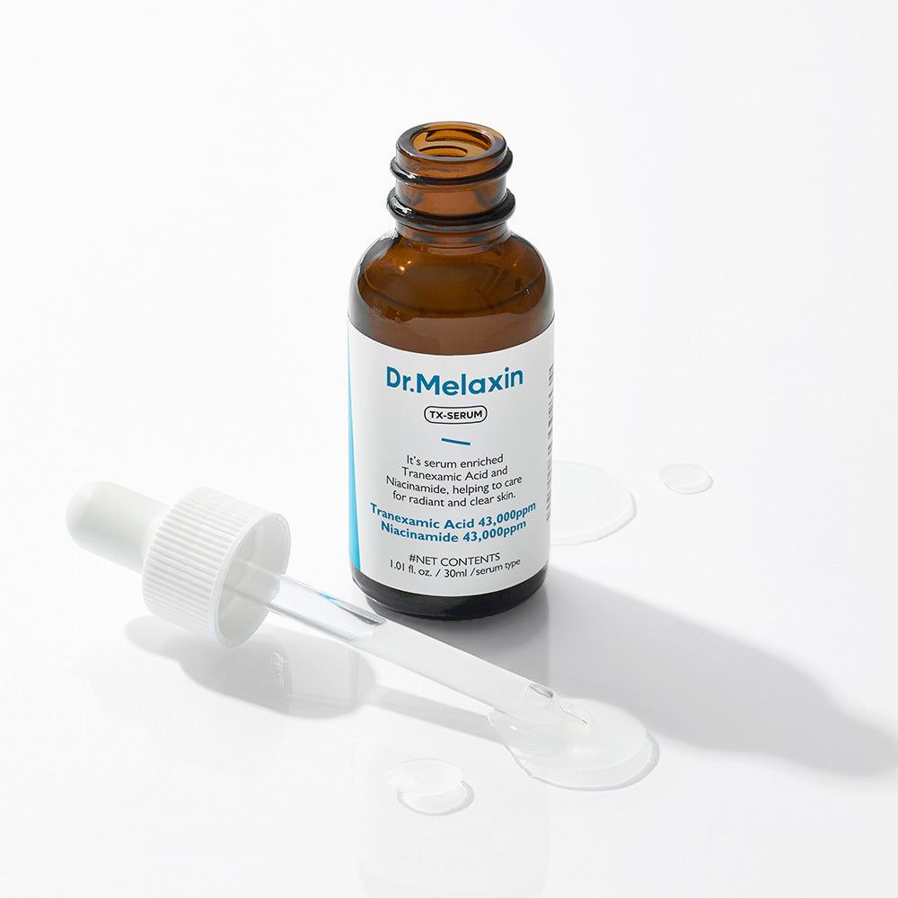 Flacon de Dr. Melaxin TX Sérum avec pipette retirée. Verre brun avec étiquette blanche.