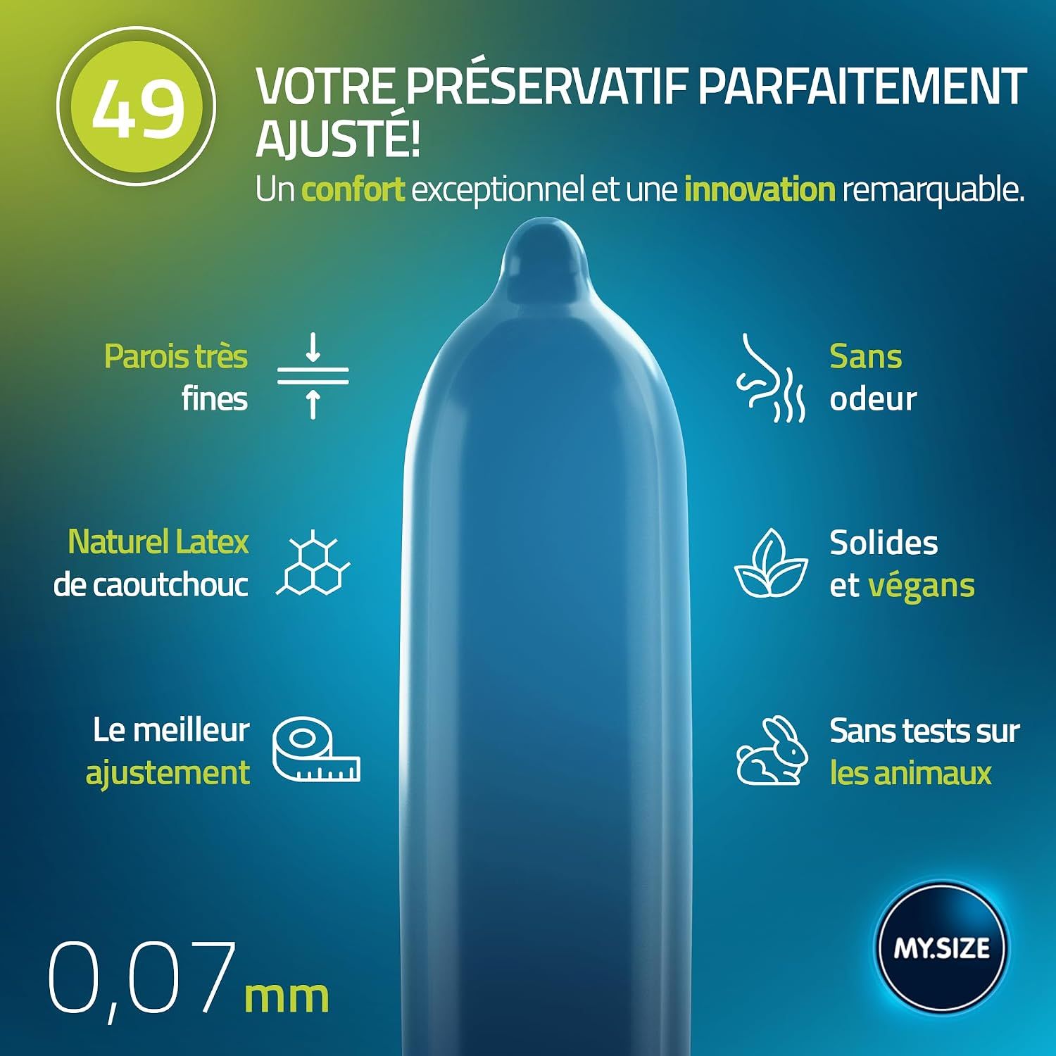 MY.SIZE Classic Préservatif, 49mm. Très fin, latex naturel, sans odeur, vegan.