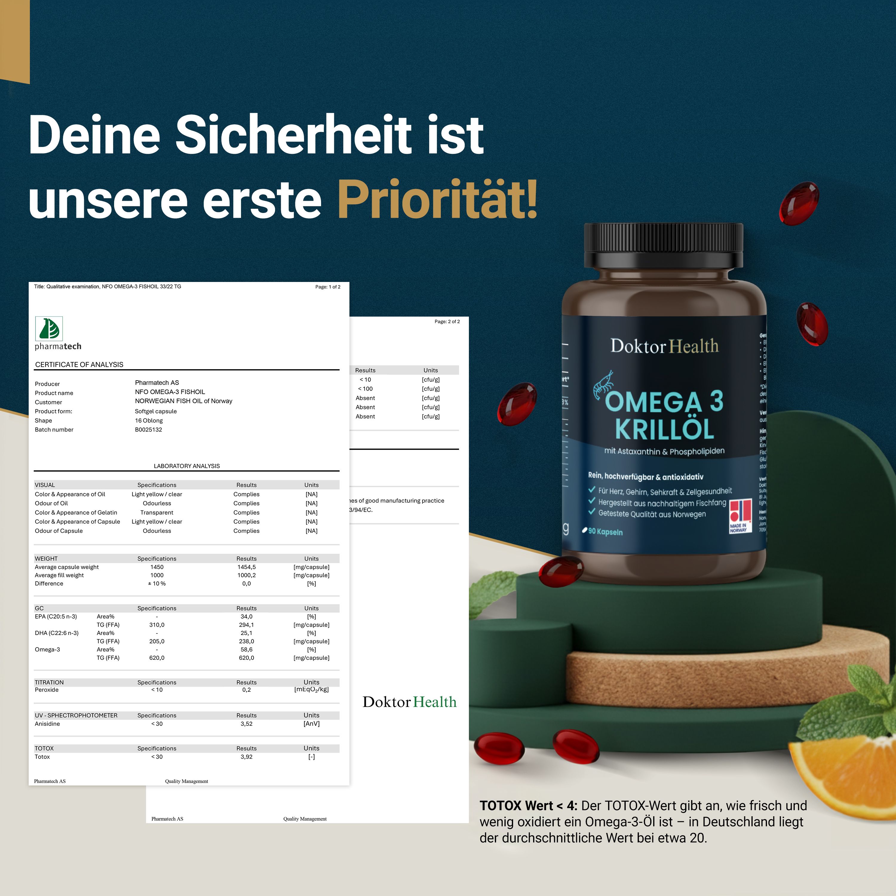 Fles Omega 3 Krillolie, rode capsules, certificaten, sinaasappel, munt. Tekst: Uw veiligheid is onze prioriteit! TOTOX-waarde.