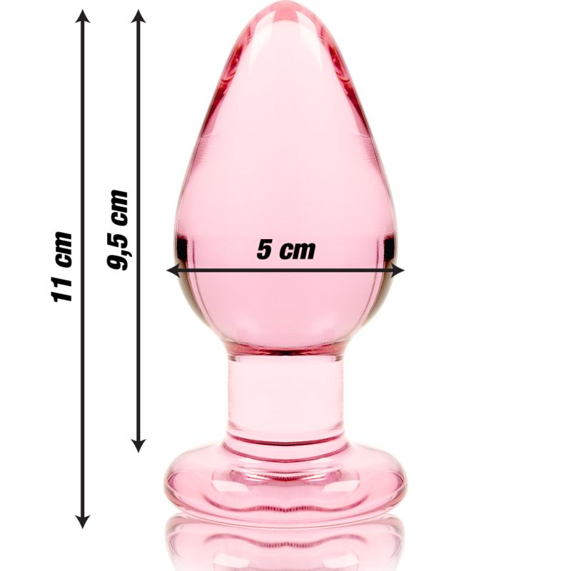 Plug anal en verre rose avec dimensions : 11 cm de longueur, 9,5 cm de longueur totale, 5 cm de largeur.