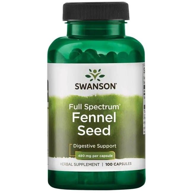 Flacon vert de Swanson Fennel Seed. Inscription: Full Spectrum Fennel Seed, 480 mg par capsule, 100 capsules. Support digestif.