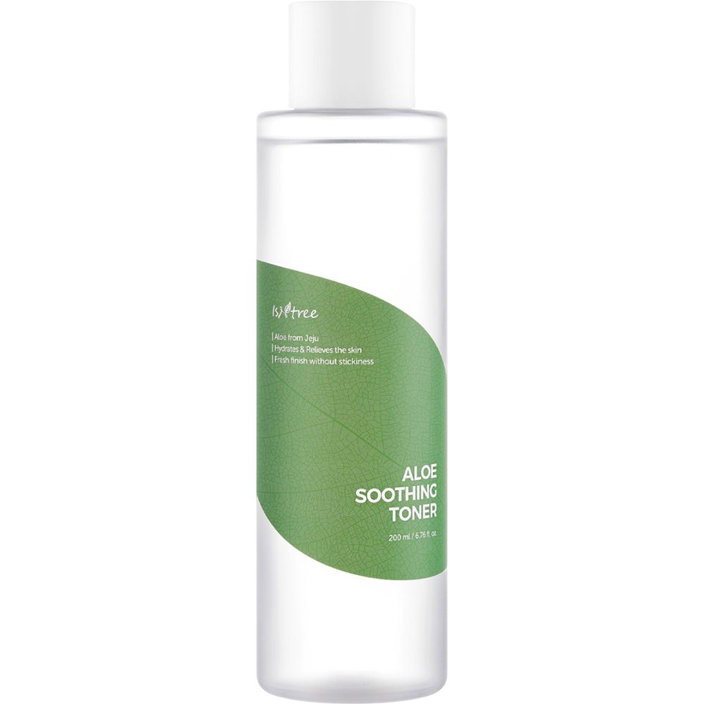 Transparante fles met witte dop. Groen etiket met tekst: Aloe Soothing Toner. Isntree logo.