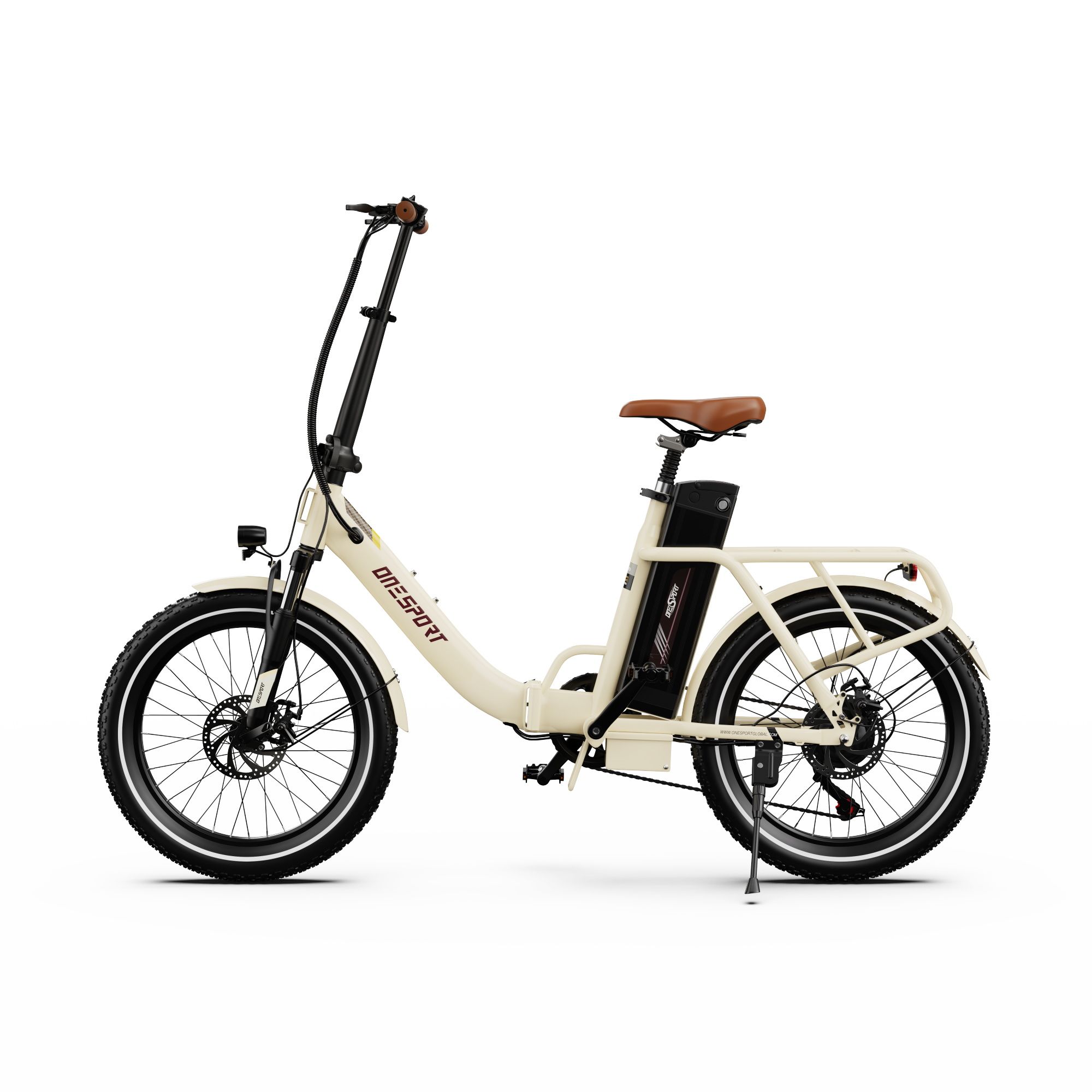 Vélo électrique beige, selle et guidon marron. Logo ONESPORT. Pneus noirs et batterie.