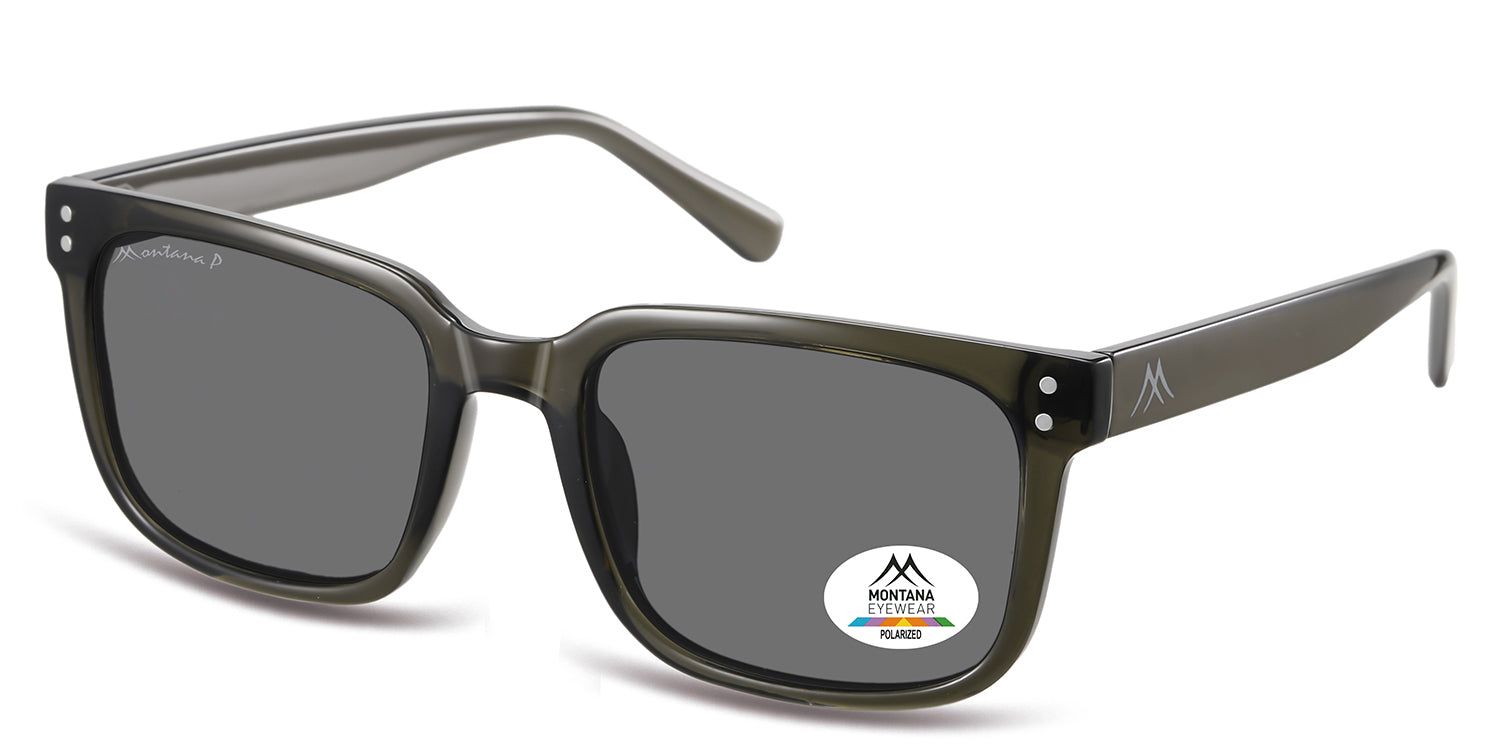 Lunettes de soleil, verres gris. Monture gris-vert. Logo et autocollant de polarisation sur le verre droit. Montana Eyewear.