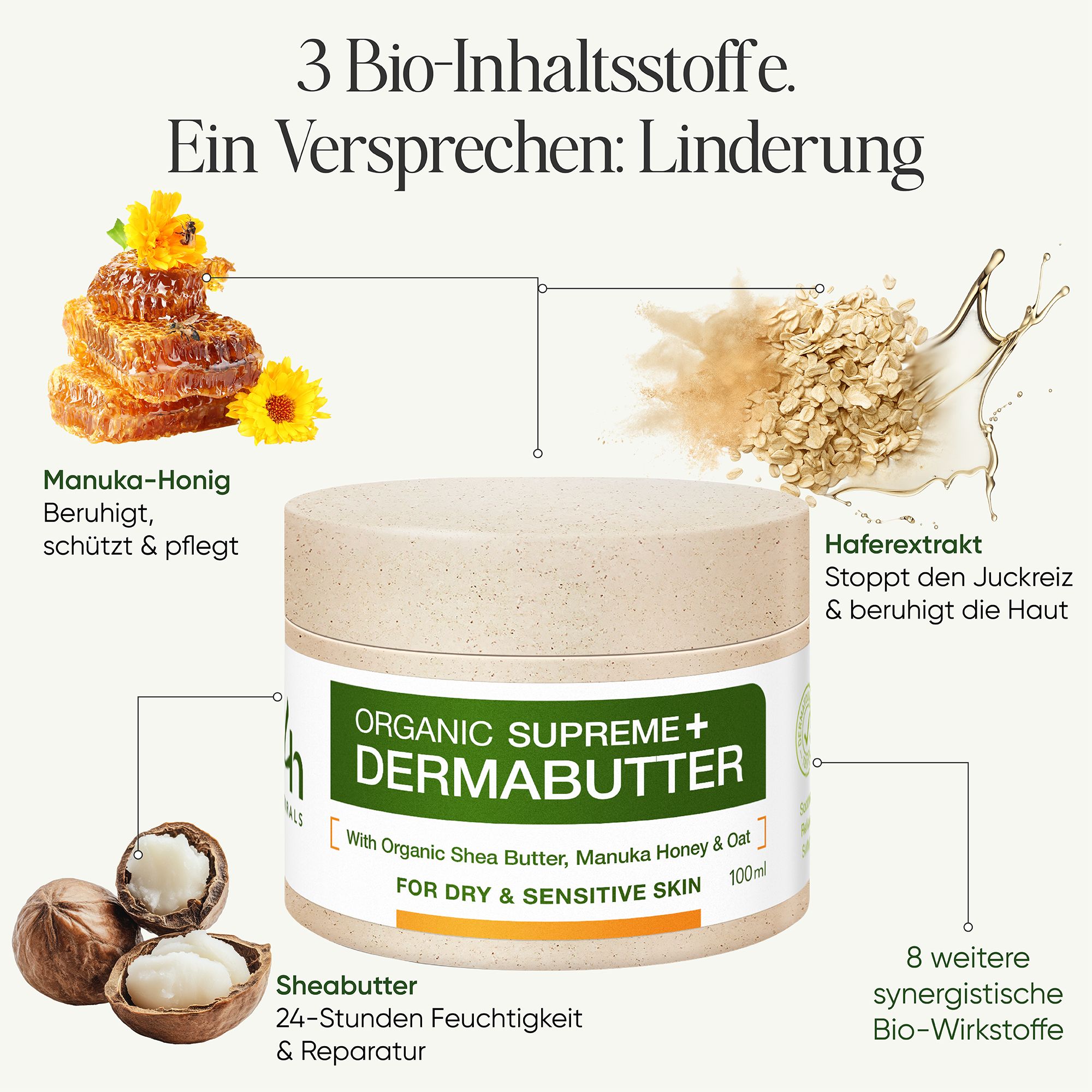 Productafbeelding met ingrediënten. Tekst: 3 bio-ingrediënten. Een belofte: verlichting. Manukahoning, haver, sheaboter.