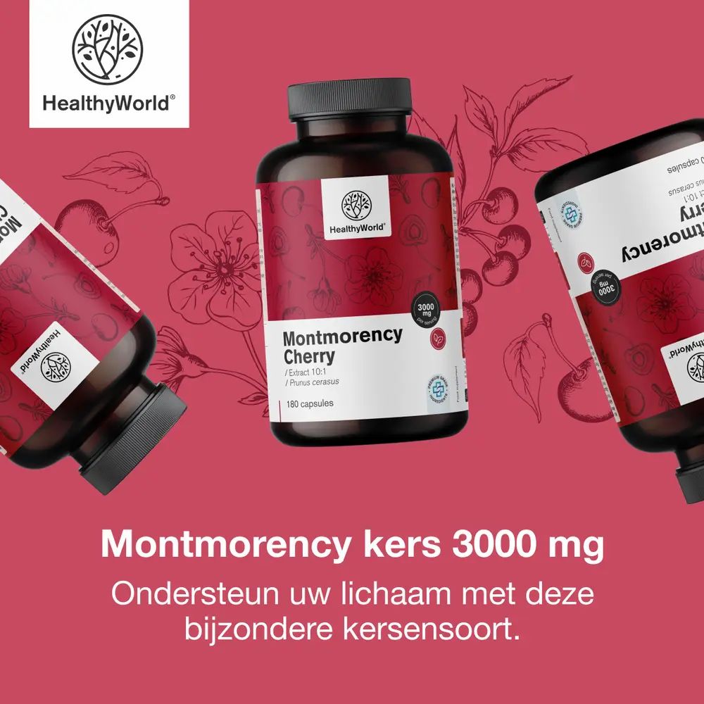 Drie flessen met opschrift: Montmorency kers 3000 mg, 180 capsules. Logo: HealthyWorld. Rode achtergrond.