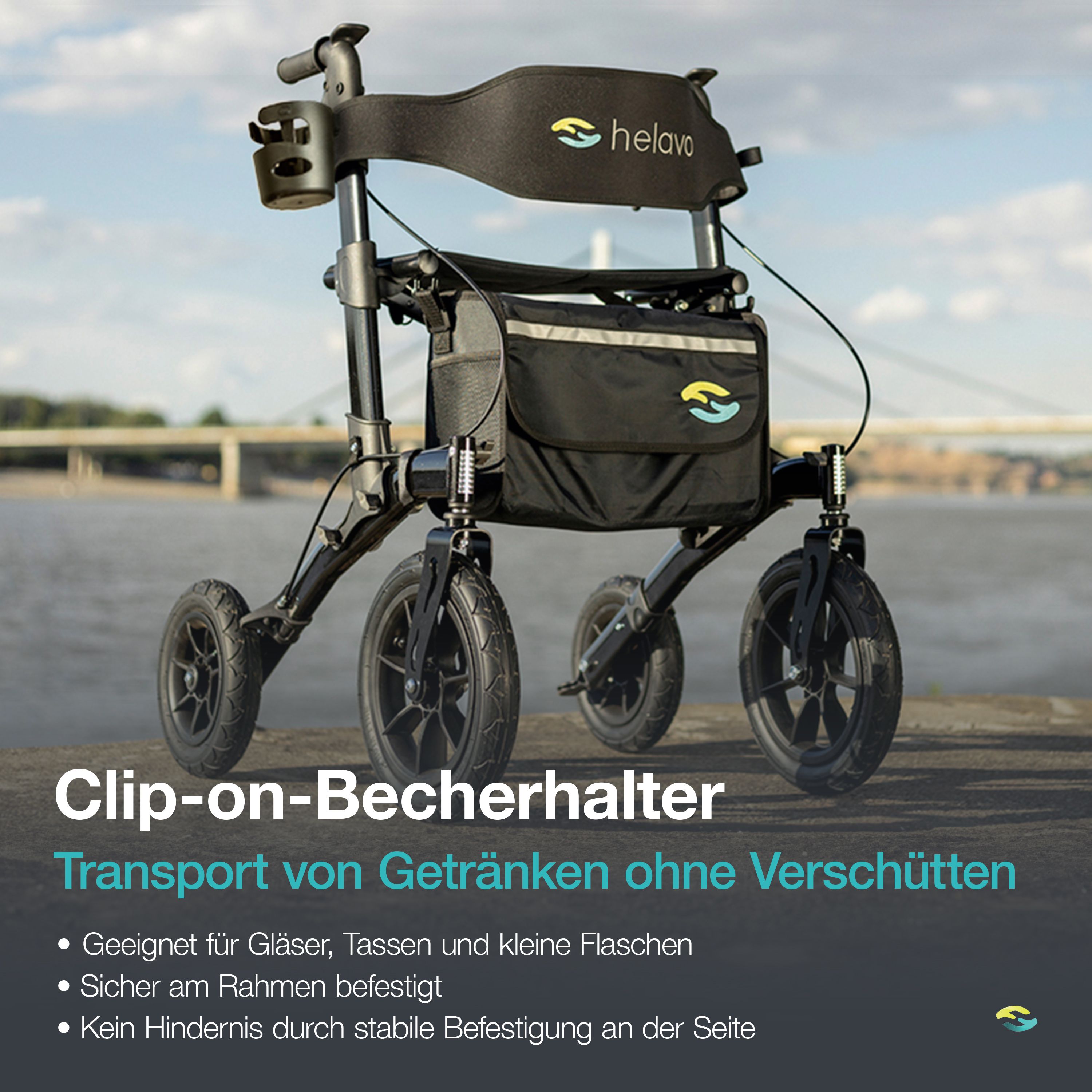 Rollator avec porte-gobelet à clipser pour boissons, fixé solidement au cadre.