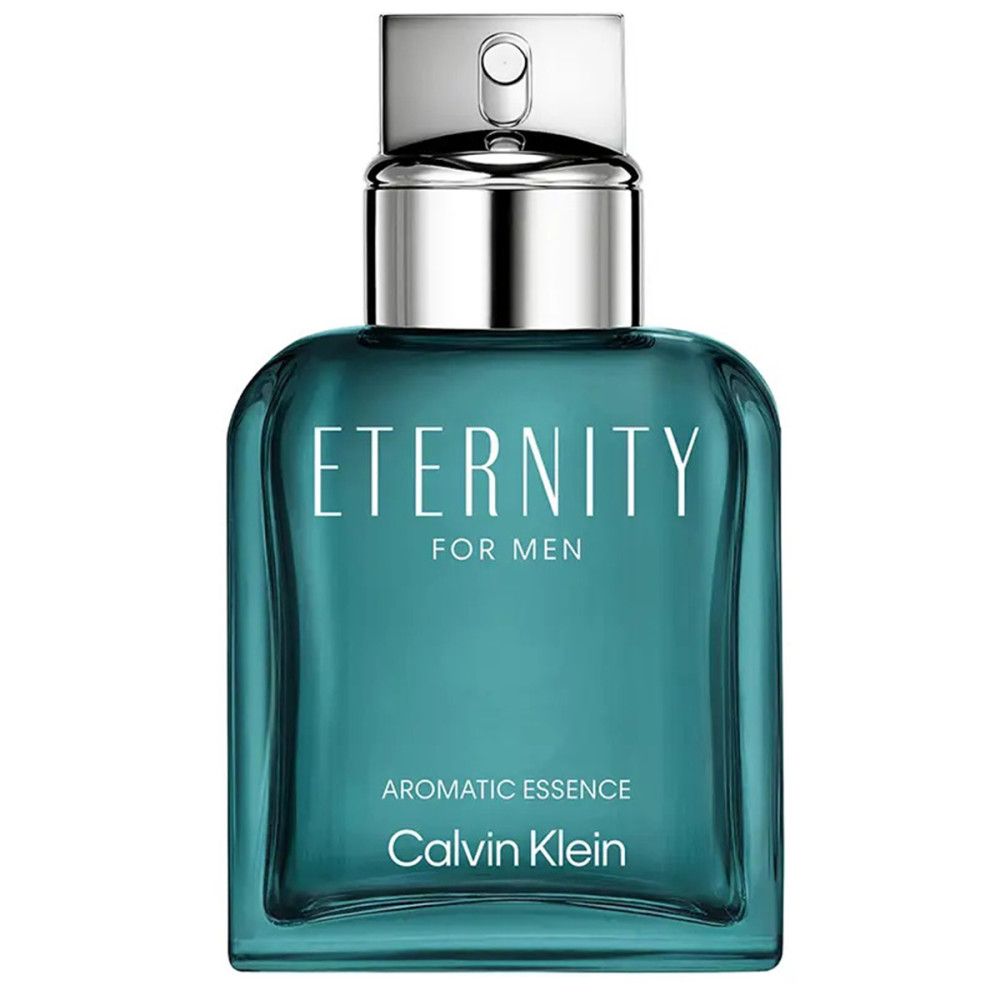 Flacon turquoise avec bouchon argenté. Inscription : Eternity for Men Aromatic Essence. Marque : Calvin Klein.