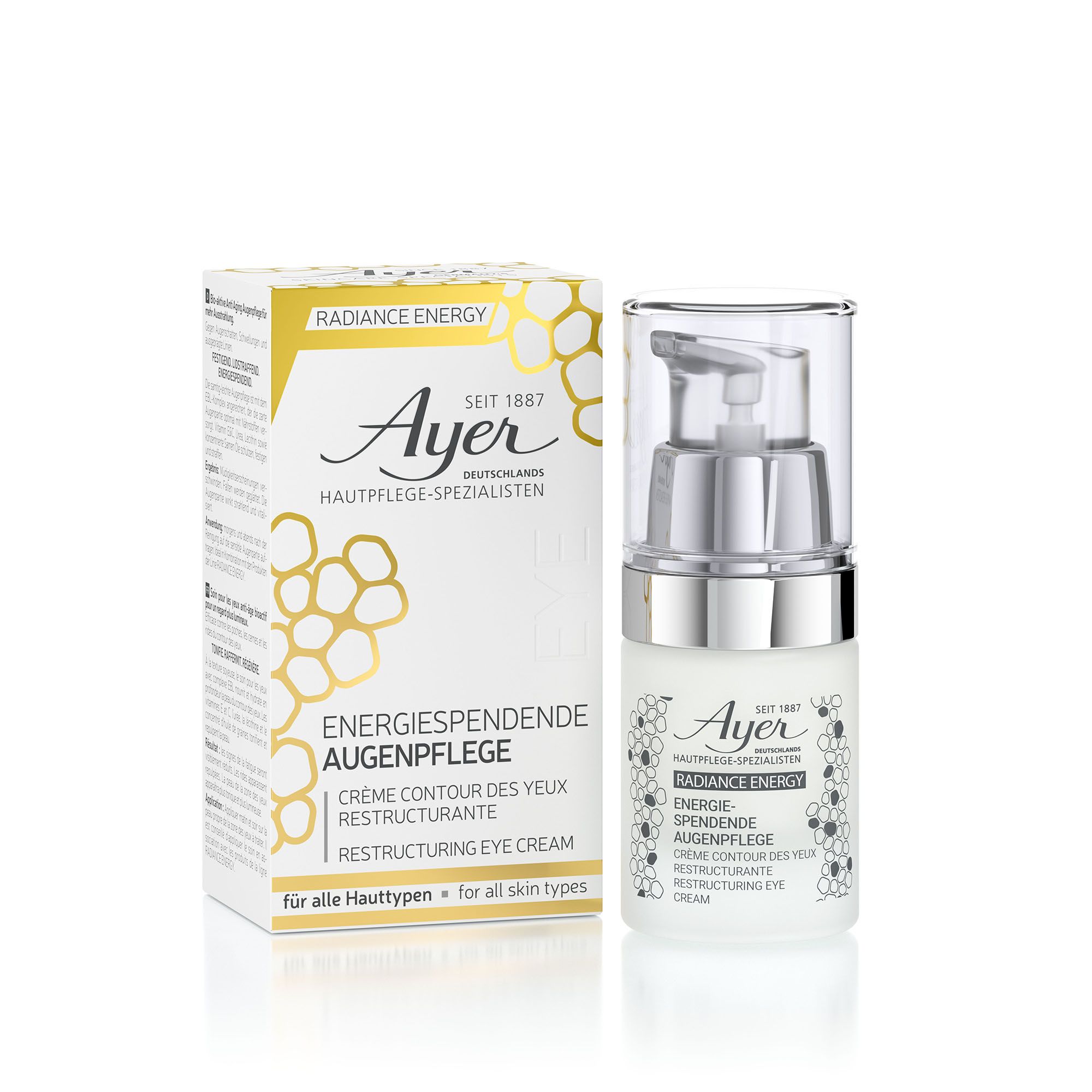 Oogcrème en verpakking. Wit flesje met zilveren pompkop. Opschrift: Ayer, Radiance Energy, Energiespendende Augenpflege.