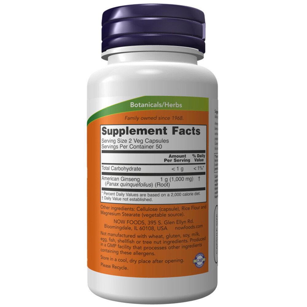 Achterkant van de fles. Etiket met voedingswaarde en ingrediënten. Merk: NOW Foods. Botanicals/Herbs. Engelse tekst.