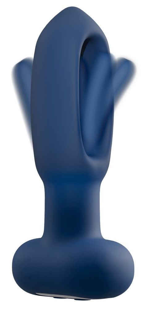 Vue rapprochée du bouchon anal bleu avec fonction langue vibrante mobile.