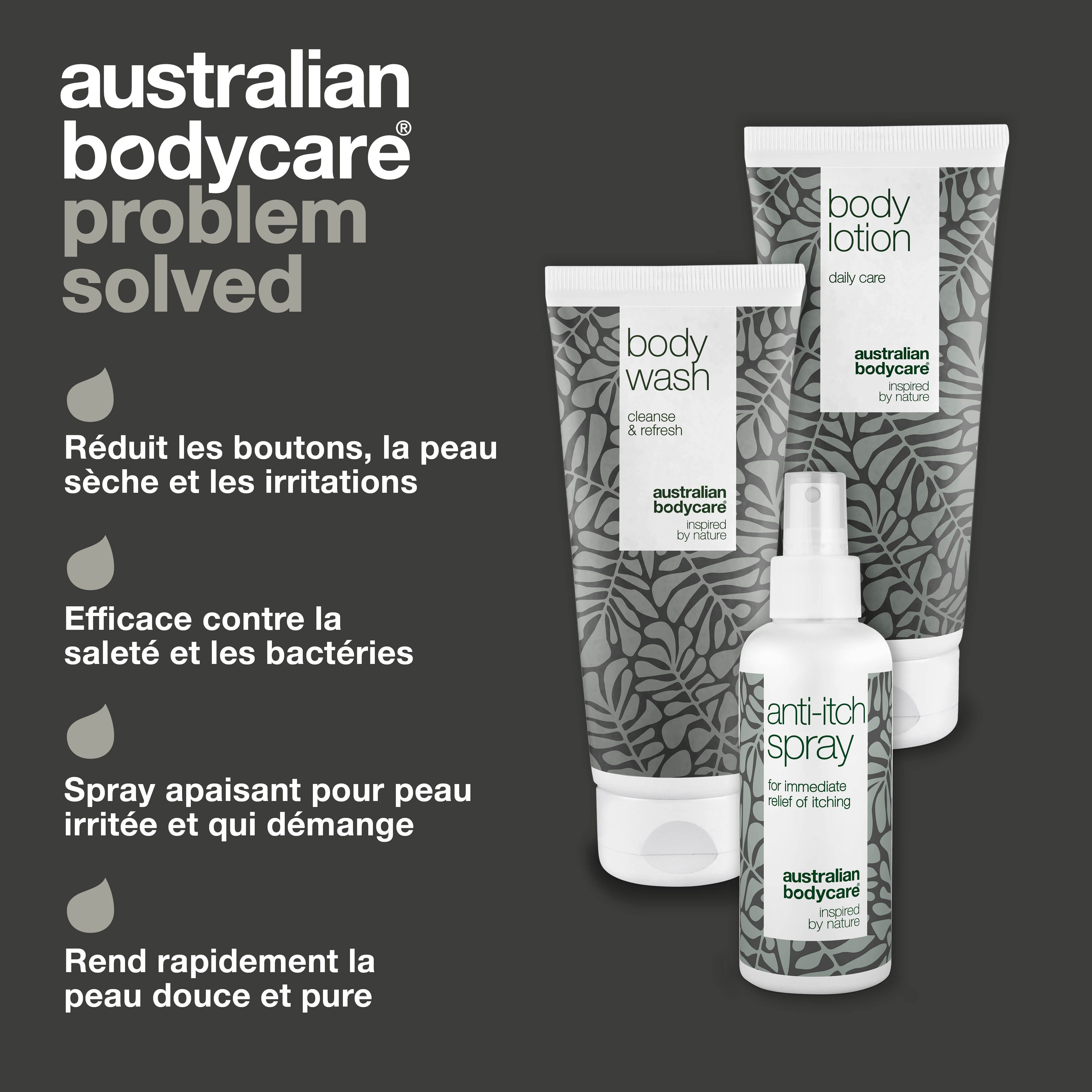 Trois produits Australian Bodycare : Body Wash, Body Lotion et Anti-démangeaisons Spray. Fond noir.