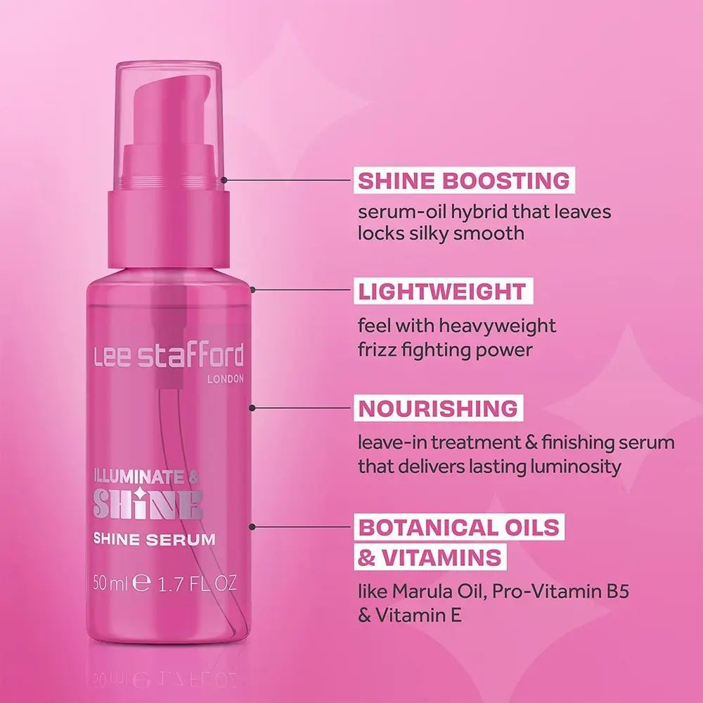 Roze serumfles. Tekst: Lee Stafford, Illuminate & Shine Serum. 50 ml/1.7 FL OZ. Met opschrift.