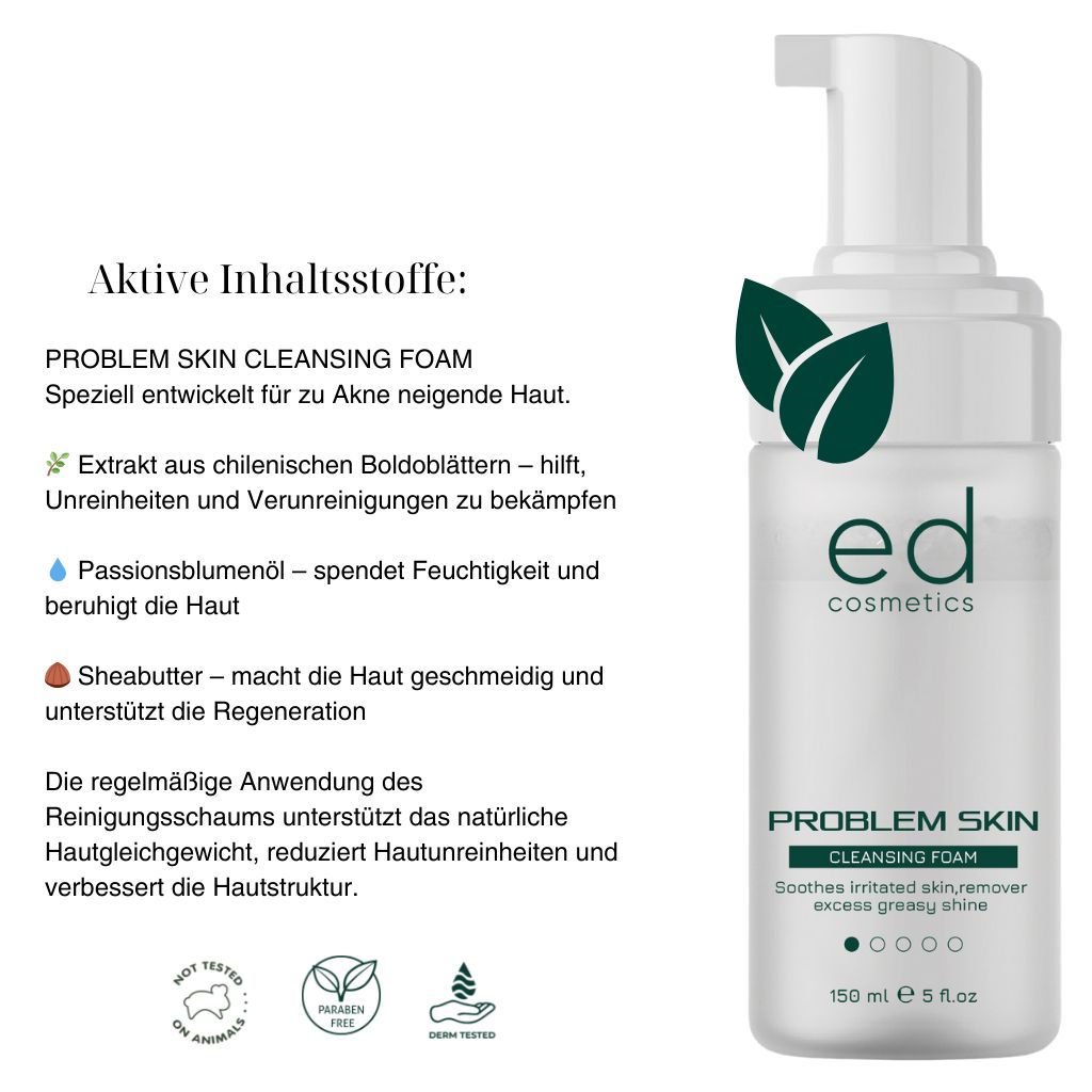 Flacon blanc avec pompe. Inscription: ed cosmetics, PROBLEM SKIN CLEANSING FOAM. Texte et feuilles vertes.