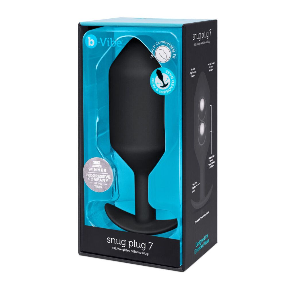 Zwarte, verzwaarde siliconen plug 'snug plug 7' in verpakking met b-Vibe logo.