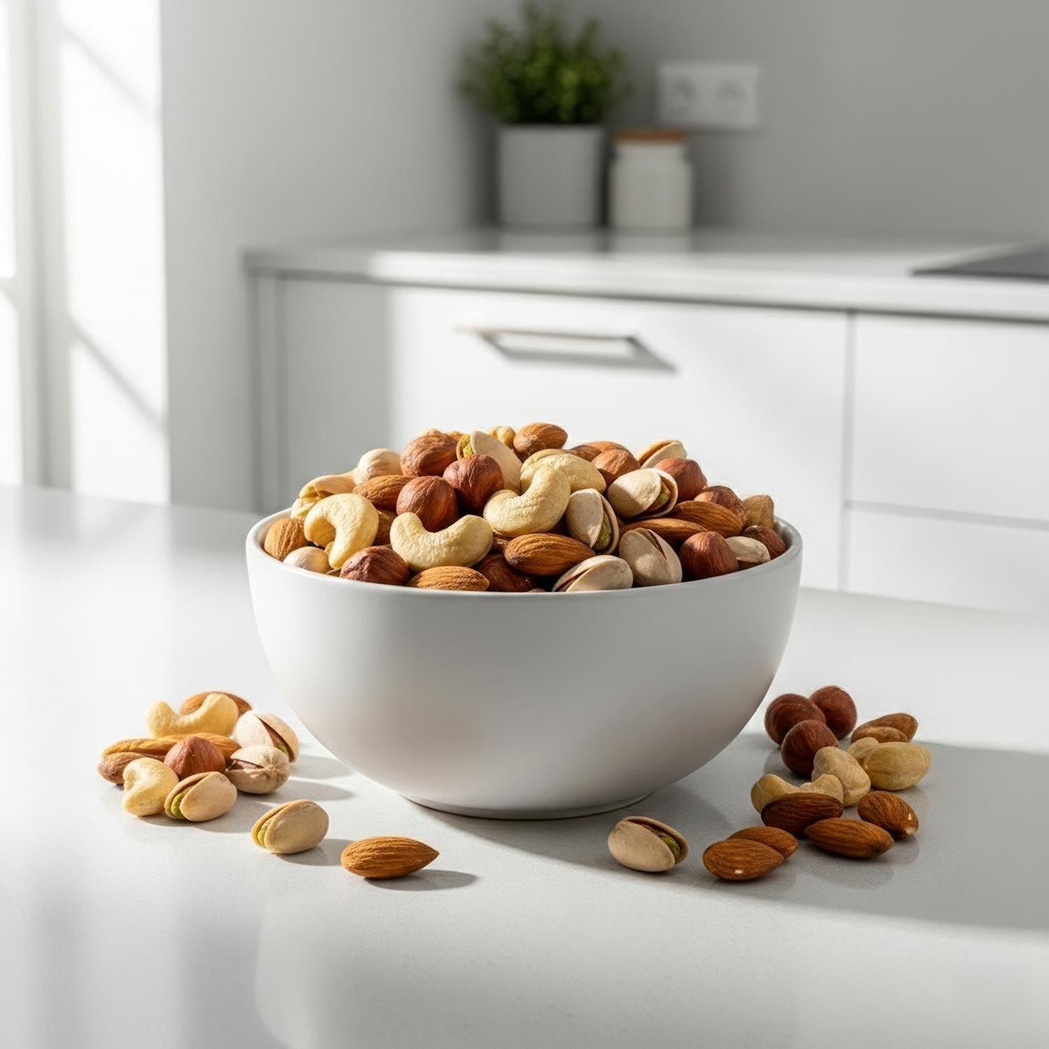 Een witte kom gevuld met cashewnoten, amandelen en pistachenoten. Enkele noten liggen ernaast.