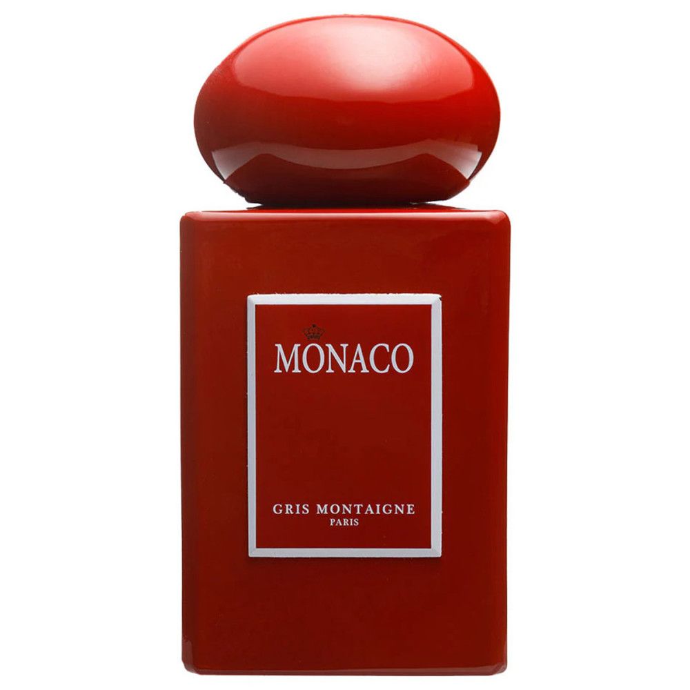 Flacon rouge avec bouchon rond. Inscription "MONACO" et "GRIS MONTAIGNE PARIS".