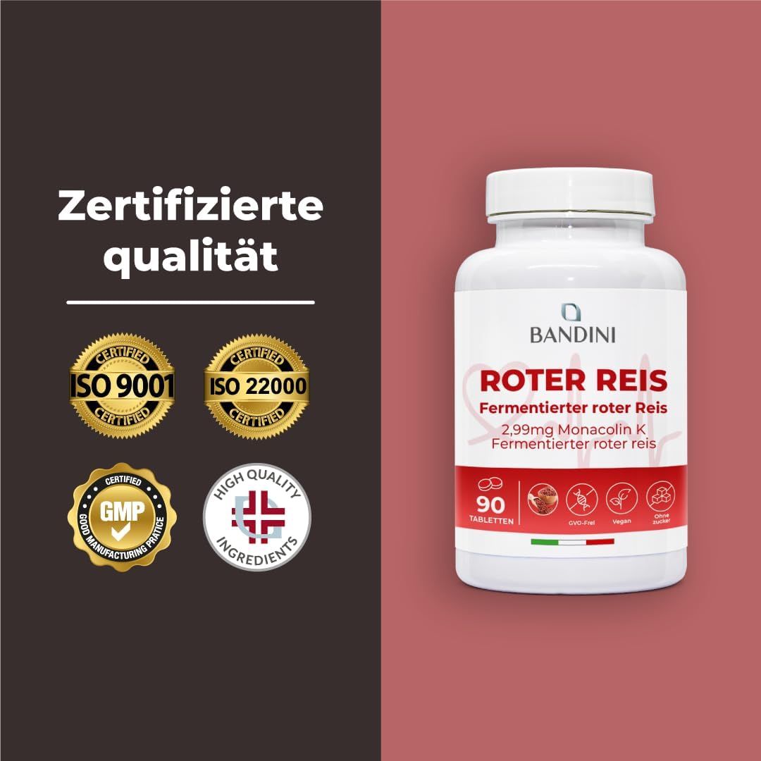 Flacon blanc Bandini Roter Reis. Étiquette rouge avec texte: Roter Reis, 90 comprimés. Certifications.