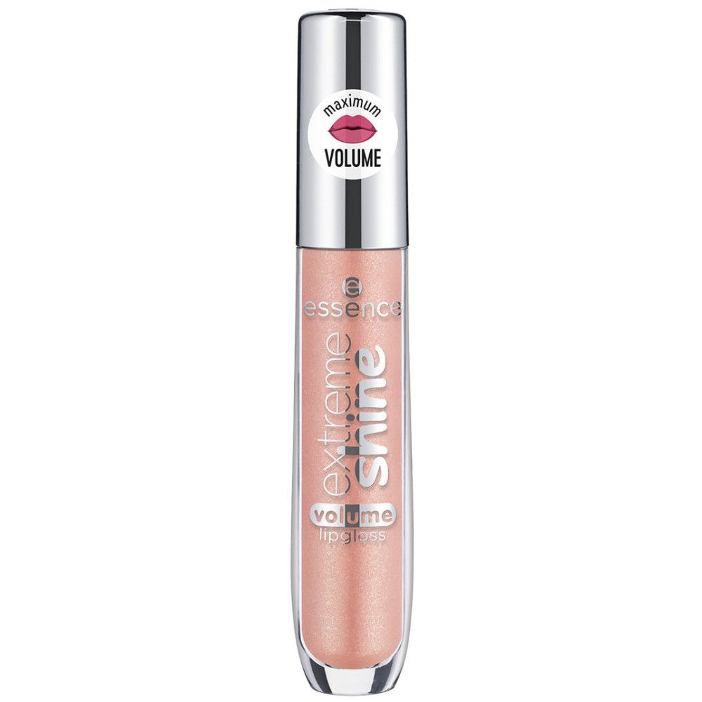 Lipgloss tube met zilveren dop. Opschrift: "essence extreme shine volume lipgloss". Sticker met lippen-symbool en "maximum volume".