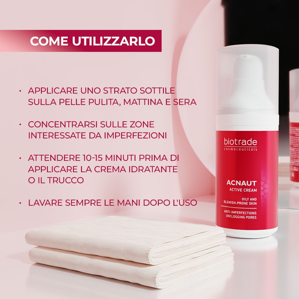 Texte avec instructions d'utilisation de ACNAUT ACTIVE CREAM. Appliquer matin et soir sur la peau.