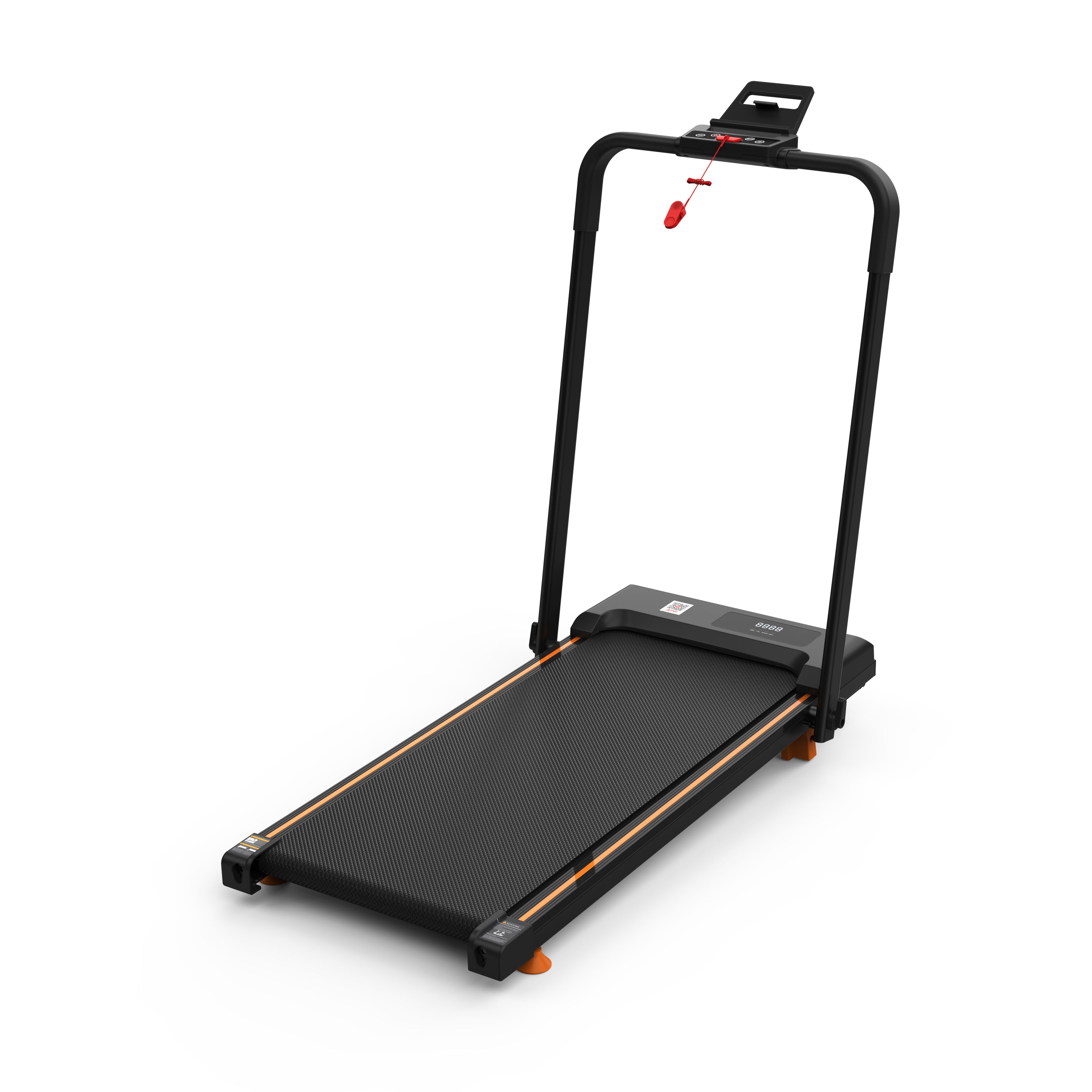 Zwarte loopband met oranje accenten. Met handgreep en bedieningspaneel. Op witte achtergrond.