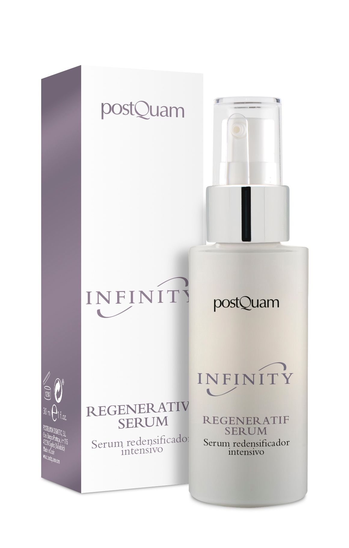 Flacon blanc et boîte. Le flacon porte l'inscription "postQuam INFINITY REGENERATIF SERUM". La boîte a des accents violets et du texte.