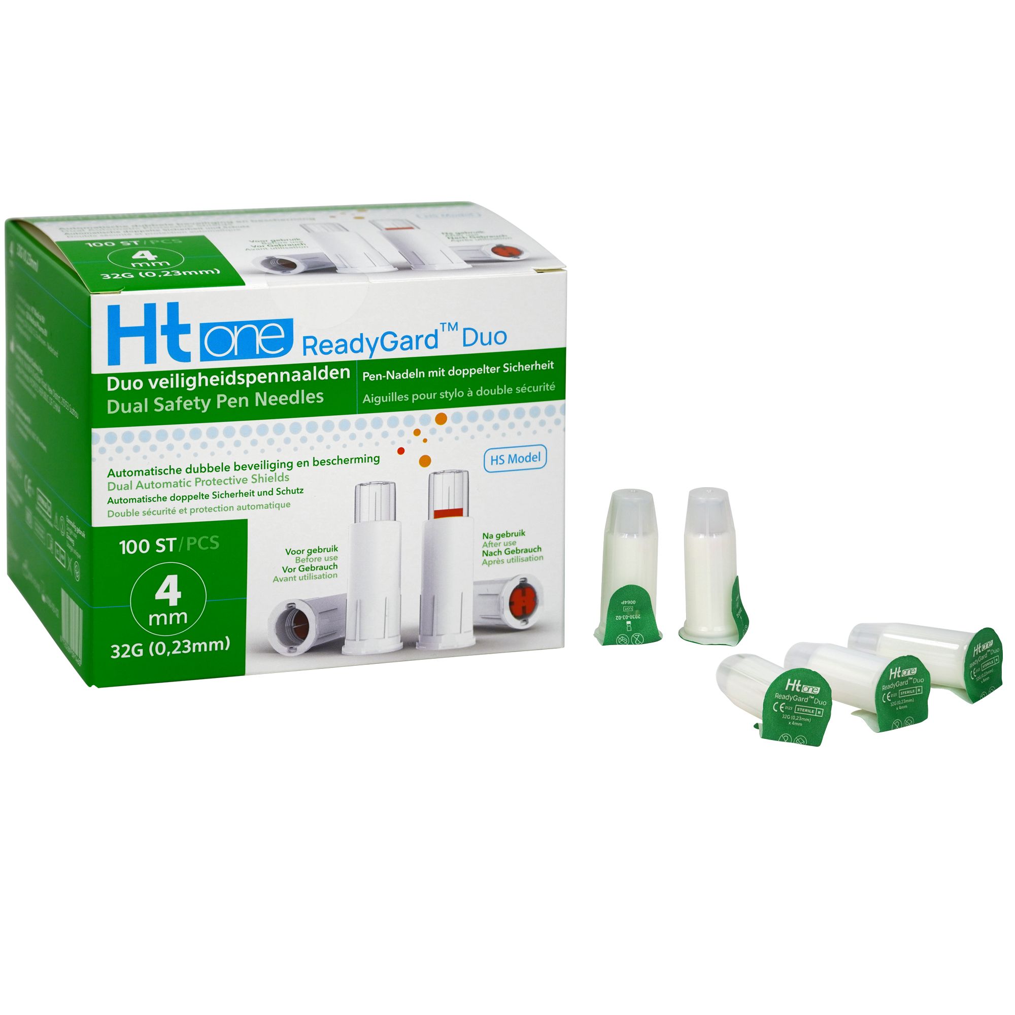 Open verpakking van Ht one ReadyGard Duo. Naalden met groene en rode beschermkappen. 100 stuks, 4 mm, 32G.